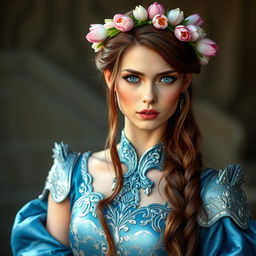 A beautiful character with long brown hair and striking gray eyes, wearing a stunning dress that seems impractical for battle