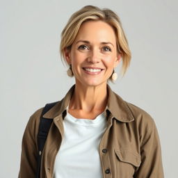 A full-length photo of a healthy, active, and friendly woman aged 40-45 with a natural appearance