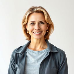 A full-length photo of a healthy, active, and friendly woman aged 40-45 with a natural appearance