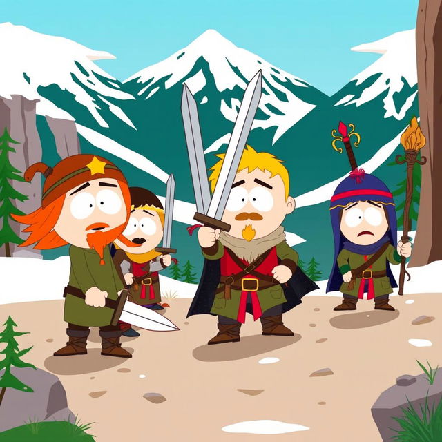 An adventurous scene inspired by 'South Park: The Stick of Truth', featuring cartoon characters engaging in humorous and mischievous activities