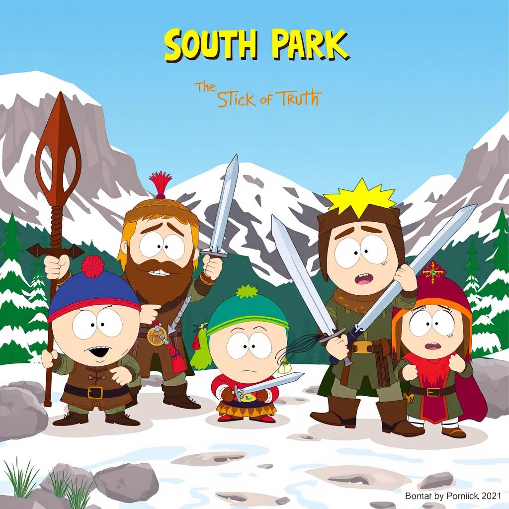 An adventurous scene inspired by 'South Park: The Stick of Truth', featuring cartoon characters engaging in humorous and mischievous activities