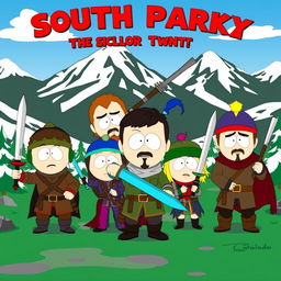 An adventurous scene inspired by 'South Park: The Stick of Truth', featuring cartoon characters engaging in humorous and mischievous activities