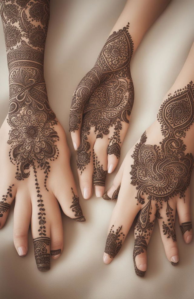 A high-quality digital art image showcasing simple, traditional mehndi designs on a pair of beautifully rendered hands