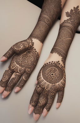 A high-quality digital art image showcasing simple, traditional mehndi designs on a pair of beautifully rendered hands