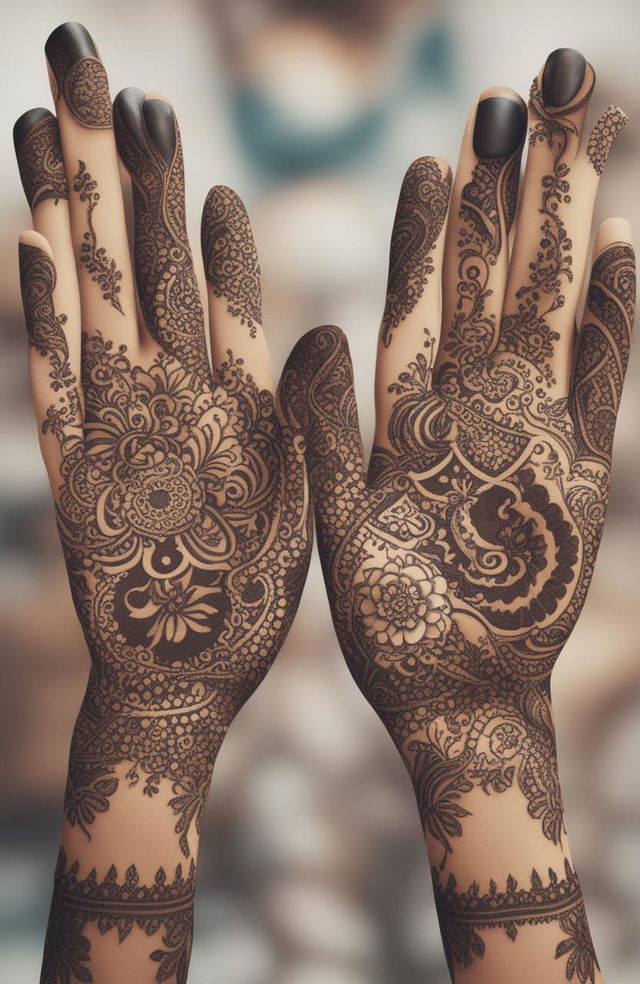 A high-quality digital art image showcasing traditional mehndi designs on a pair of elegantly rendered hands