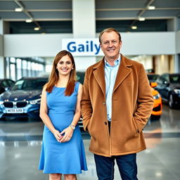 A professional portrait of a husband and wife standing proudly in front of their large car company named 'Gaily'