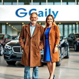 A professional portrait of a husband and wife standing proudly in front of their large car company named 'Gaily'