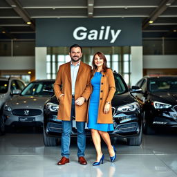 A professional portrait of a husband and wife standing proudly in front of their large car company named 'Gaily'