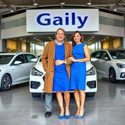 A professional portrait of a husband and wife standing proudly in front of their large car company named 'Gaily'