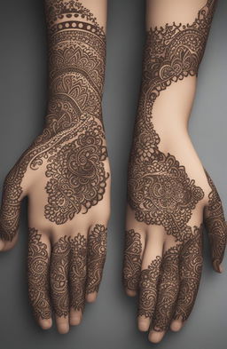 A high-quality digital art image showcasing traditional mehndi designs on a pair of elegantly rendered hands