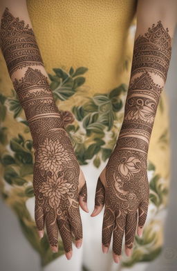 A high-quality digital art image showcasing traditional mehndi designs on a pair of elegantly rendered hands