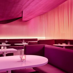 An aesthetic restaurant design with bold accents featuring comfortable magenta sofas paired with white, minimalist tables, under soft, inviting lighting.