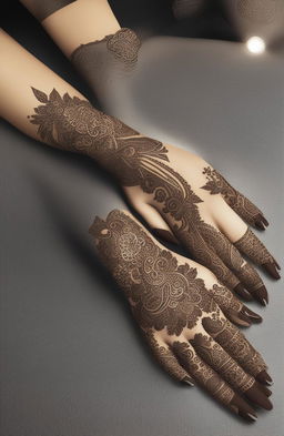 A high-quality digital art image showcasing traditional mehndi designs on a pair of elegantly rendered hands