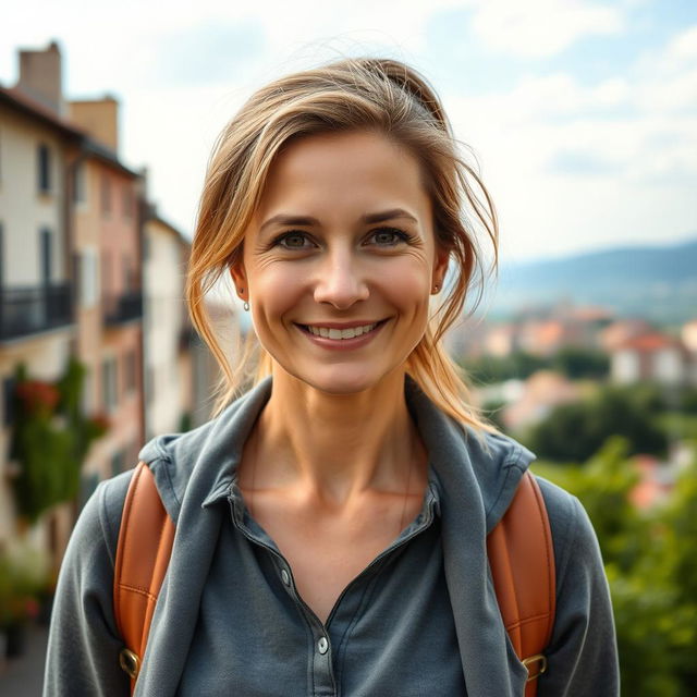 A full-length photo of a healthy, active, and friendly woman aged 30-45 with a natural appearance