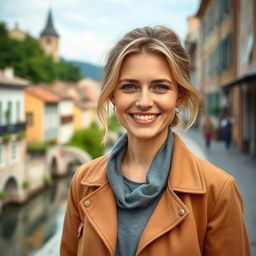 A full-length photo of a healthy, active, and friendly woman aged 30-45 with a natural appearance