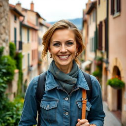 A full-length photo of a healthy, active, and friendly woman aged 30-45 with a natural appearance