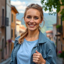 A full-length photo of a healthy, active, and friendly woman aged 30-45 with a natural appearance