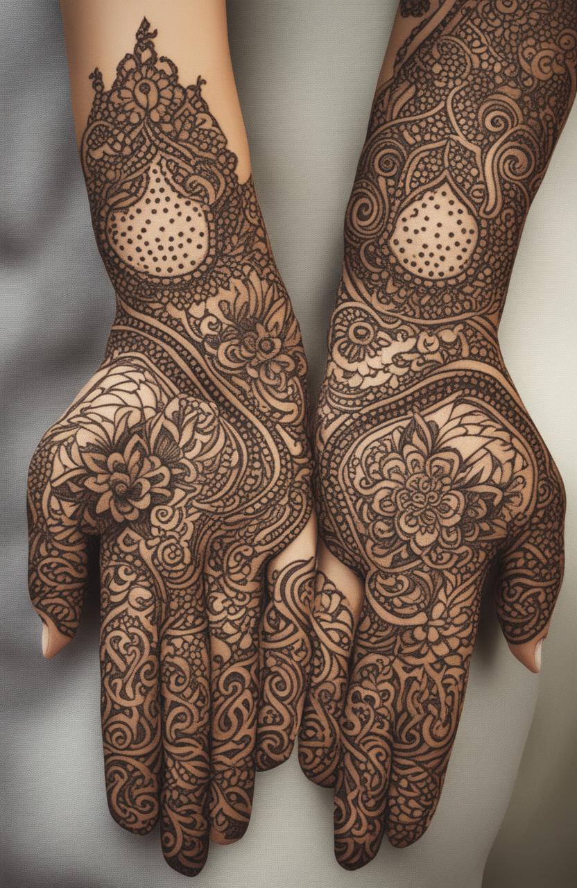 A high-quality digital art image showcasing traditional mehndi designs on a pair of elegantly rendered hands