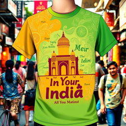 A vibrant and trendy T-shirt design showcasing a blend of traditional Indian motifs and modern pop culture elements