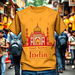 A vibrant and trendy T-shirt design showcasing a blend of traditional Indian motifs and modern pop culture elements