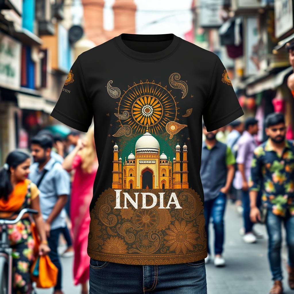 A vibrant and trendy T-shirt design showcasing a blend of traditional Indian motifs and modern pop culture elements