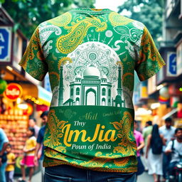 A vibrant and trendy T-shirt design showcasing a blend of traditional Indian motifs and modern pop culture elements
