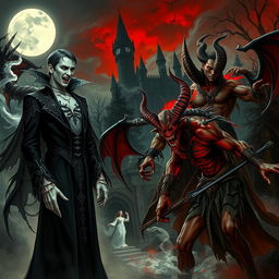 A dramatic scene depicting elegant vampires and fierce demons in a gothic setting