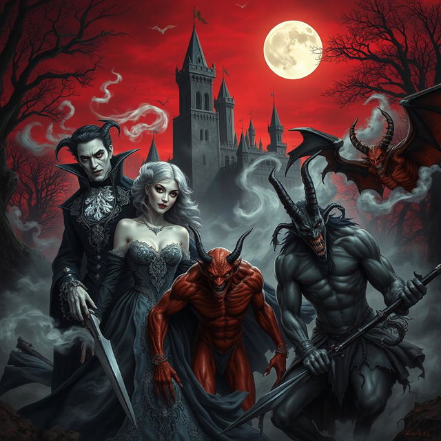 A dramatic scene depicting elegant vampires and fierce demons in a gothic setting