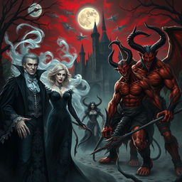 A dramatic scene depicting elegant vampires and fierce demons in a gothic setting