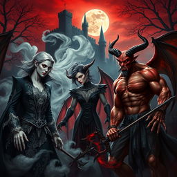 A dramatic scene depicting elegant vampires and fierce demons in a gothic setting