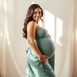 A beautiful, curvy pregnant woman with large breasts poses confidently in a tasteful manner