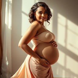 A beautiful, curvy pregnant woman with large breasts poses confidently in a tasteful manner