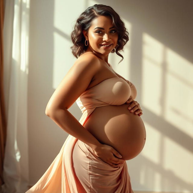 A beautiful, curvy pregnant woman with large breasts poses confidently in a tasteful manner