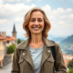 A full-length photo of a healthy, active, and friendly woman aged 40-45 with a natural appearance