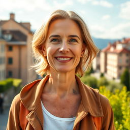 A full-length photo of a healthy, active, and friendly woman aged 40-45 with a natural appearance