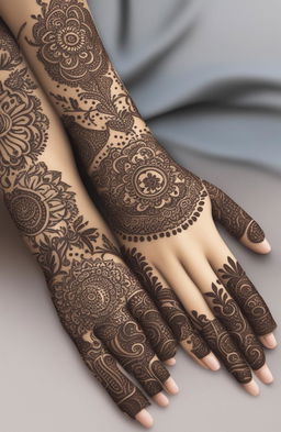 A high-quality digital art image showcasing traditional mehndi designs on a pair of elegantly rendered hands