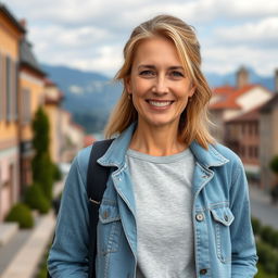 A full-length photo of a healthy, active, and friendly woman aged 40-45 with a natural appearance