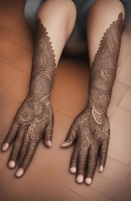 A high-quality digital art image showcasing traditional mehndi designs on a pair of elegantly rendered hands