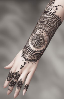 A high-quality digital art image featuring a minimalistic and simple mehndi design on one elegantly rendered hand