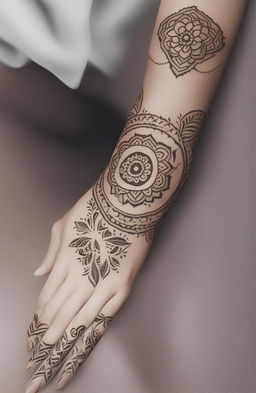 A high-quality digital art image featuring a minimalistic and simple mehndi design on one elegantly rendered hand