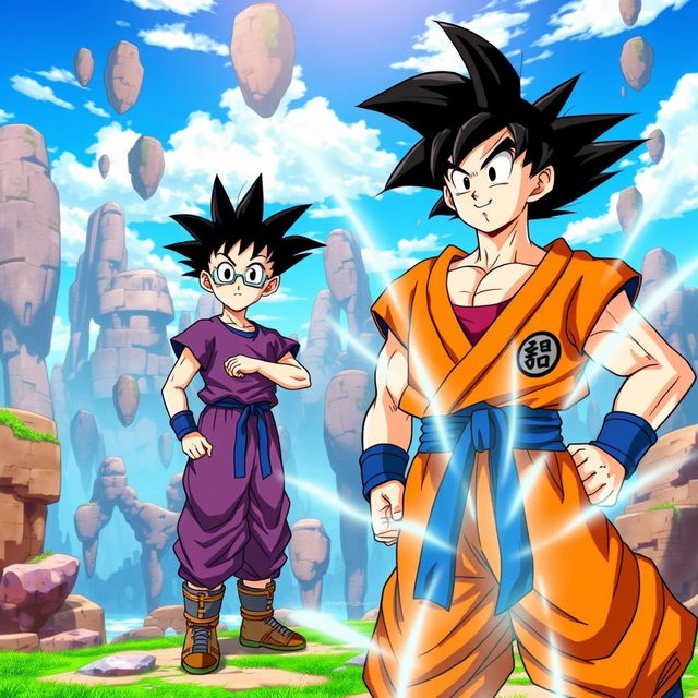 A dynamic scene featuring Goku and Gohan from Dragon Ball Z, showcasing Goku in his iconic orange gi and spiky black hair, confidently standing in a battle-ready pose