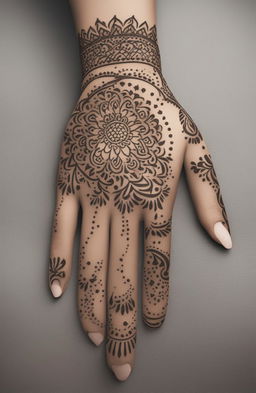 A high-quality digital art image featuring a minimalistic and simple mehndi design on one elegantly rendered hand