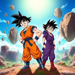 A dynamic scene featuring Goku and Gohan from Dragon Ball Z, showcasing Goku in his iconic orange gi and spiky black hair, confidently standing in a battle-ready pose