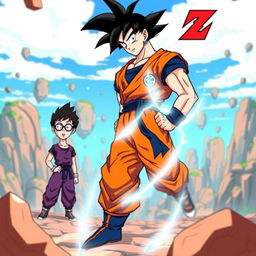 A dynamic scene featuring Goku and Gohan from Dragon Ball Z, showcasing Goku in his iconic orange gi and spiky black hair, confidently standing in a battle-ready pose