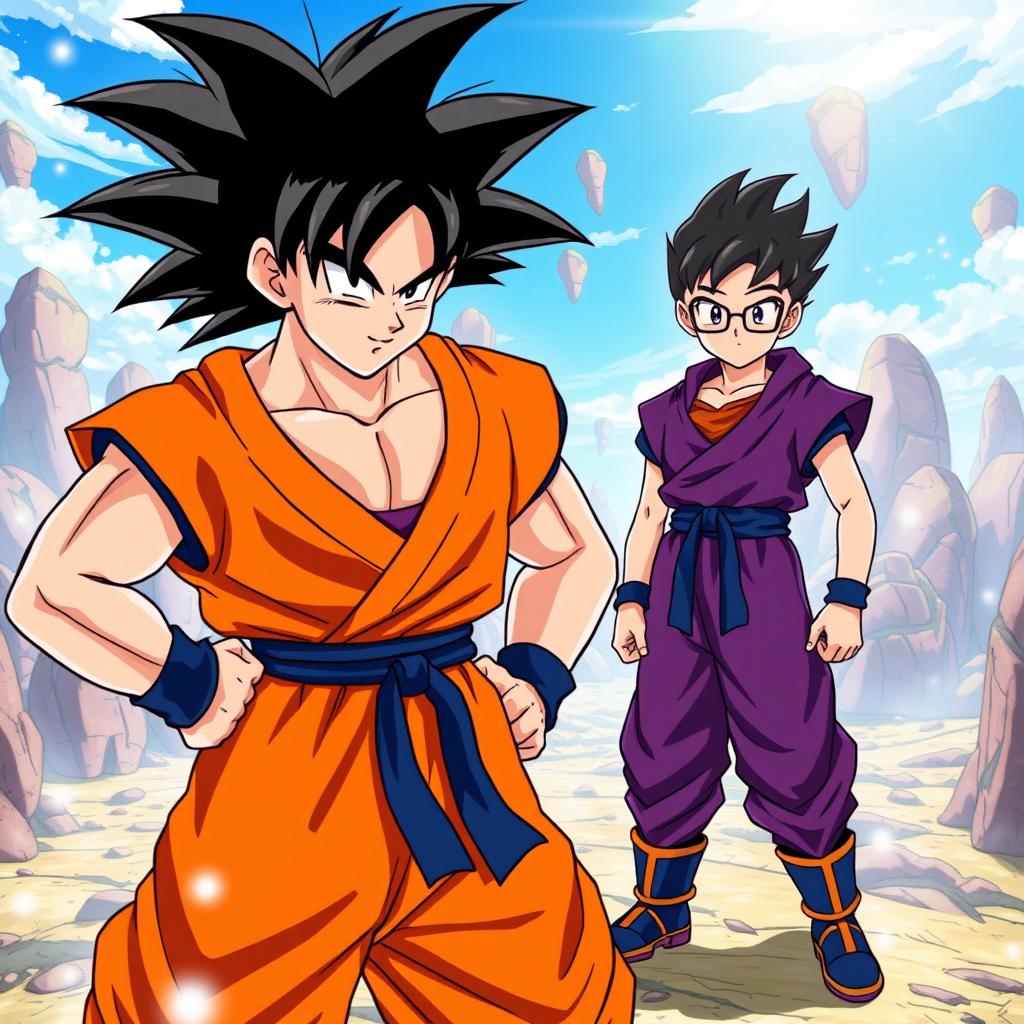 A dynamic scene featuring Goku and Gohan from Dragon Ball Z, showcasing Goku in his iconic orange gi and spiky black hair, confidently standing in a battle-ready pose