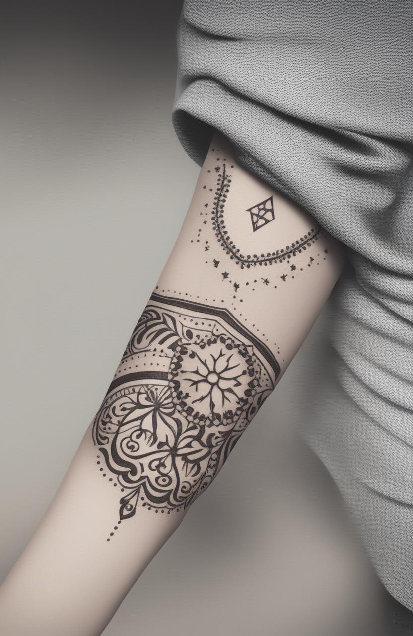 A high-quality digital art image featuring a minimalistic and simple mehndi design on a beautifully rendered forearm