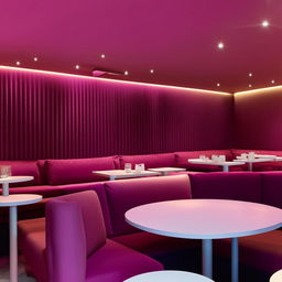 An aesthetic restaurant design with bold accents featuring comfortable magenta sofas paired with white, minimalist tables, under soft, inviting lighting.