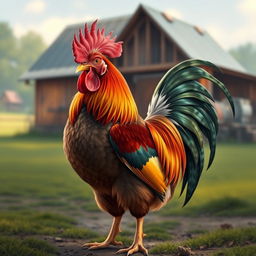 A highly detailed and artistic rendering of a majestic rooster with an impressive, vibrant plumage, showcasing its feathers in various shades of red, gold, and green, standing confidently on a farmyard