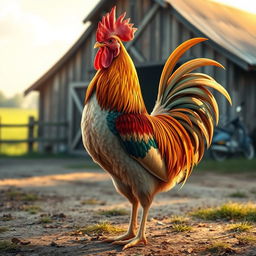 A highly detailed and artistic rendering of a majestic rooster with an impressive, vibrant plumage, showcasing its feathers in various shades of red, gold, and green, standing confidently on a farmyard