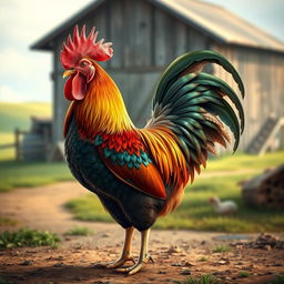 A highly detailed and artistic rendering of a majestic rooster with an impressive, vibrant plumage, showcasing its feathers in various shades of red, gold, and green, standing confidently on a farmyard